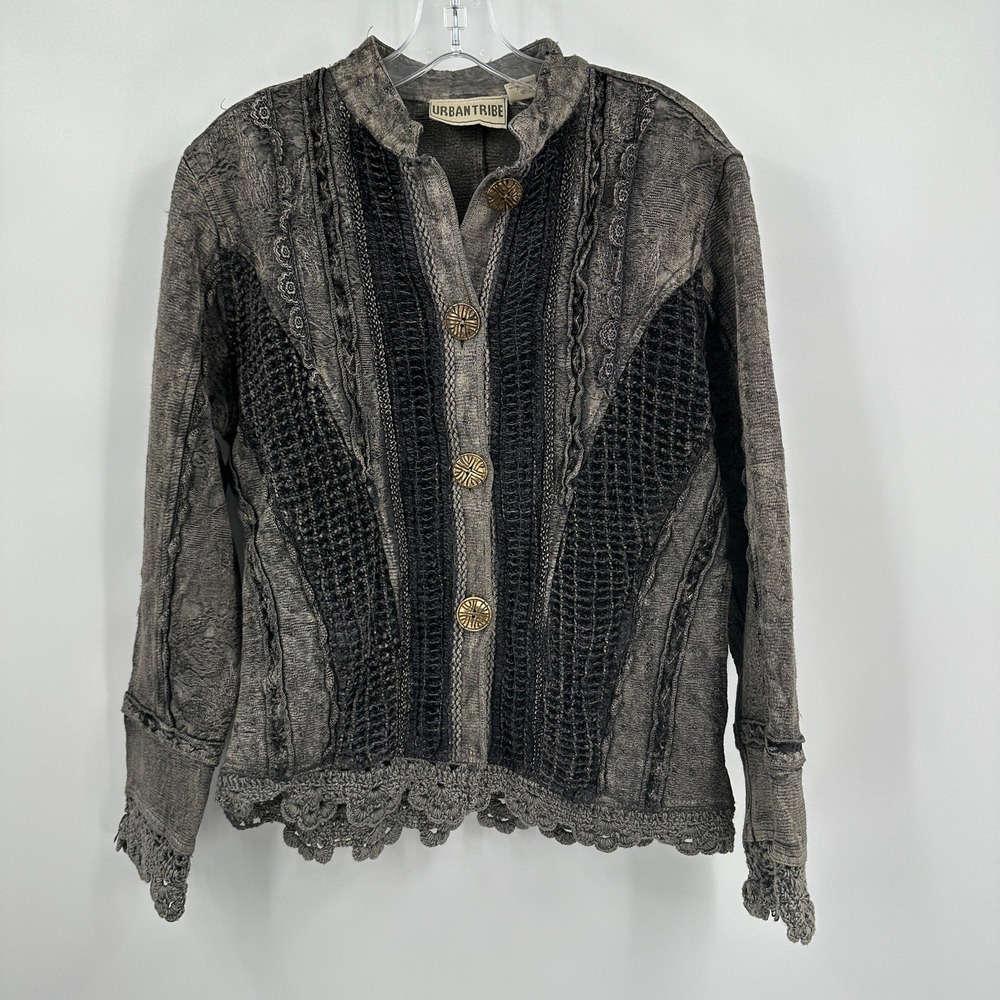Womens Boho Jacket Size M Textured Lace Crochet Rustic Artisan Festival‎ Earthy